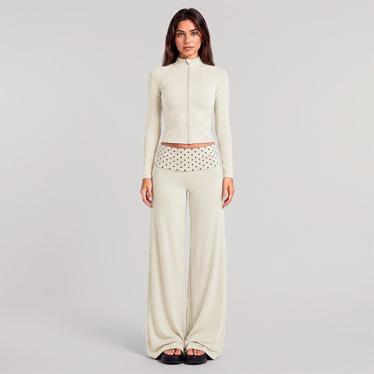 Wholesale Women’s Activewear Set | Slim-Fit Zip-Up Jacket & Contrast Polka Dot Foldover Waist Pants | fouregg - Albumin White
