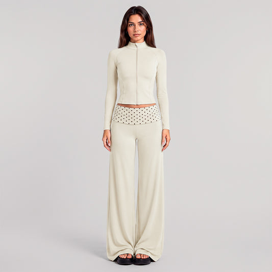 Wholesale Women’s Activewear Set | Slim-Fit Zip-Up Jacket & Contrast Polka Dot Foldover Waist Pants | fouregg - Albumin White