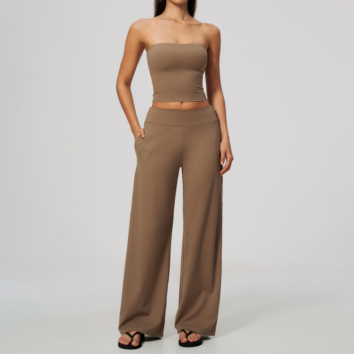 Wholesale Women’s Brushed 2-Piece Set | Strapless Sports Top & Relaxed Wide-Leg Pants 8793 | fouregg - Mocha Brown