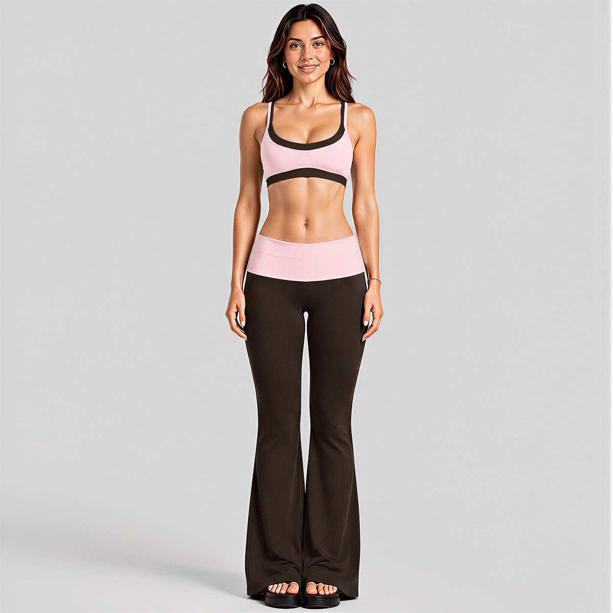 Wholesale Women’s Activewear Set | Faux-Layered Sports Bra & Quick-Dry Flared Yoga Pants | fouregg - 6188 Bra + 6188 Pants Pink/Root Brown