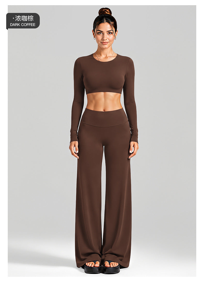 Wholesale Women’s Activewear Set | Cutout Back Long Sleeve Tee & High-Waisted Loose Pants | fouregg