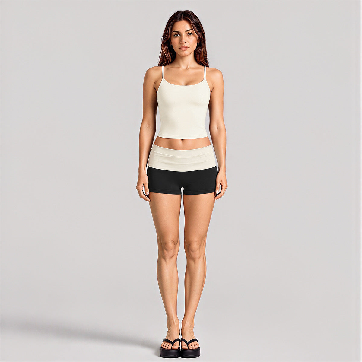 Wholesale Women’s Activewear Set | Backless Sports Tank & Color-Block High-Waisted Yoga Leggings | fouregg - Tank Top + Shorts, Off-White