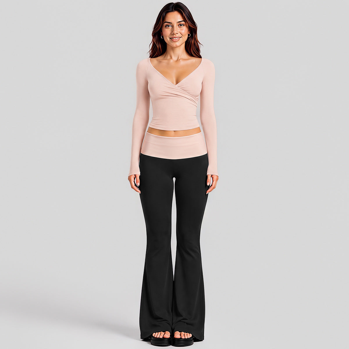 Wholesale Women’s Activewear Set | Quick-Dry Long Sleeve Off-Shoulder Top & High-Waisted Workout Pants | fouregg - Long Sleeve + Flared Pants, Gray Pink
