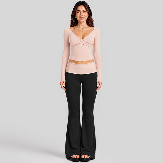 Wholesale Women’s Activewear Set | Quick-Dry Long Sleeve Off-Shoulder Top & High-Waisted Workout Pants | fouregg - Long Sleeve + Flared Pants, Gray Pink