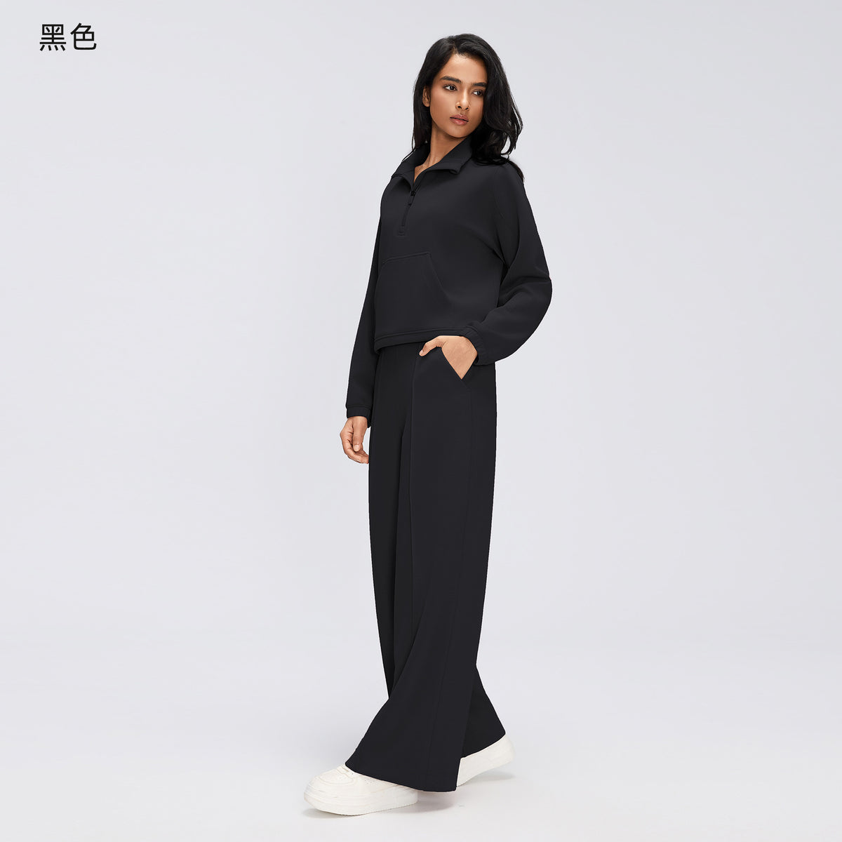 Wholesale Women’s Casual Activewear Set | Relaxed Cropped Sports Jacket & Straight-Leg Trousers | fouregg - Black D26158+D26159