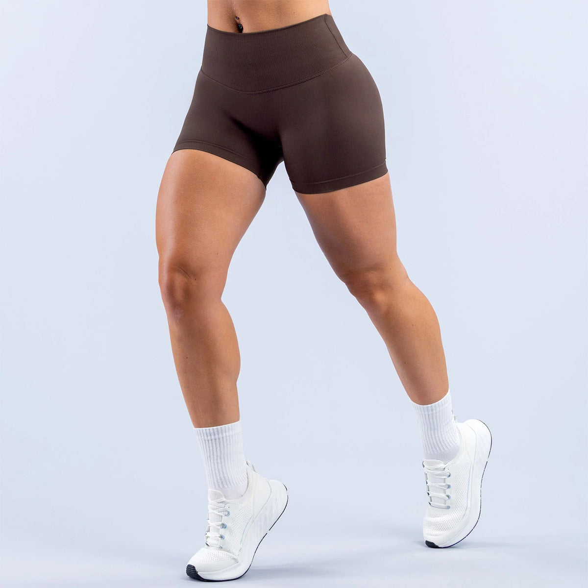 Wholesale Women’s Activewear Shorts | High-Stretch V-Waist Gym & Cycling Shorts | fouregg - Dark Coffee