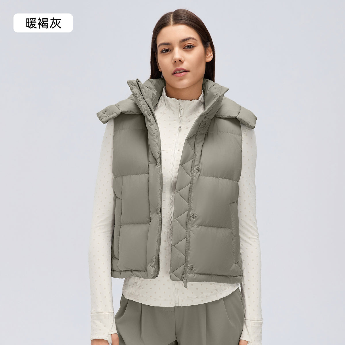 Wholesale Women’s Lightweight Down Puffer Vest D26155 | Warm Wind-Resistant Hooded Outerwear | fouregg - Warm Taupe