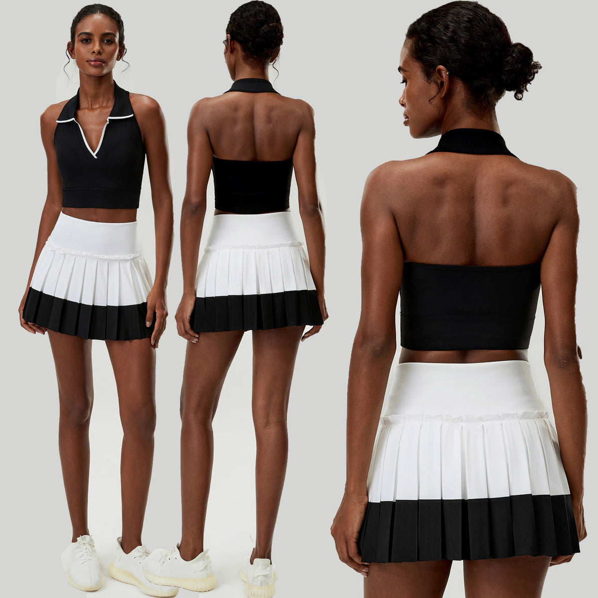 Wholesale Women's 2-Piece Tennis Skirt Set | Halter Sports Tank & Puff-Edge Skirt | Quick-Dry Activewear | fouregg