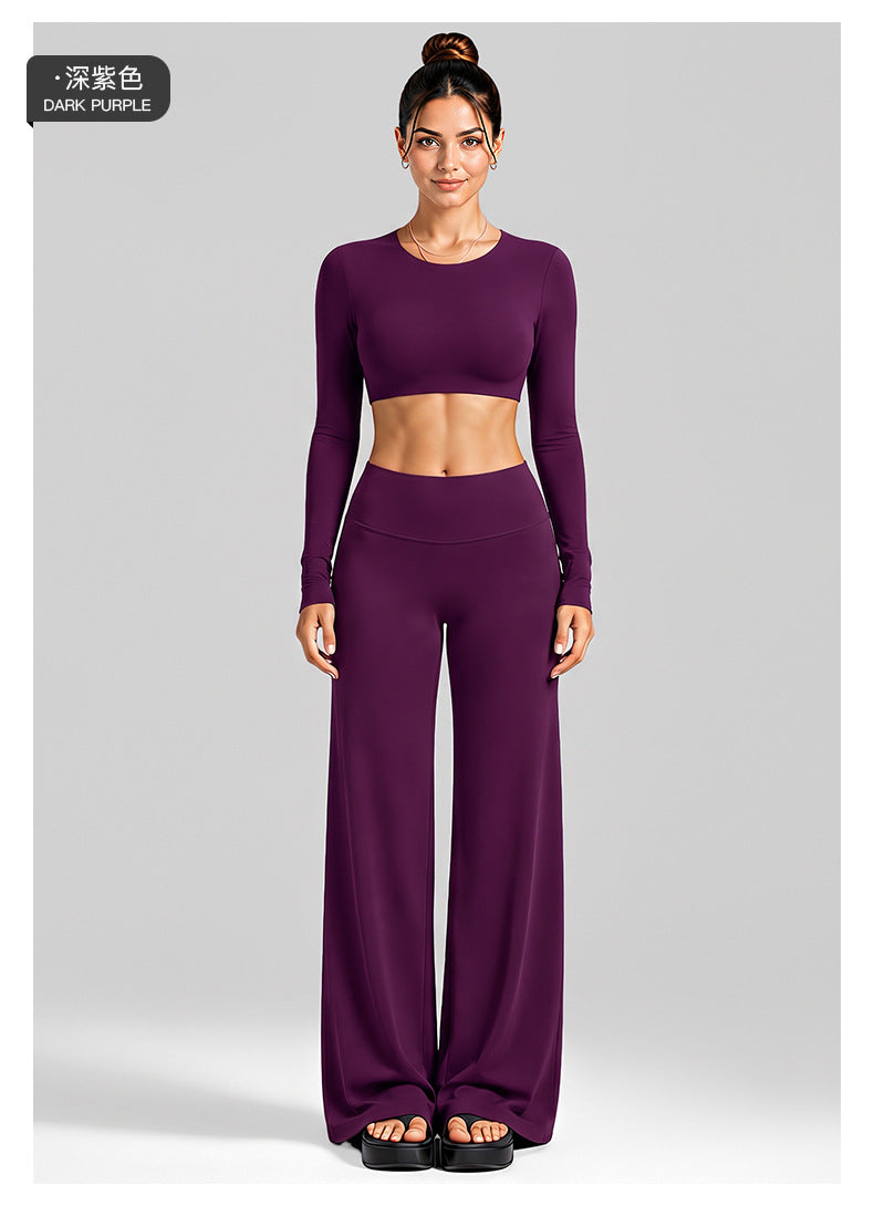 Wholesale Women’s Activewear Set | Cutout Back Long Sleeve Tee & High-Waisted Loose Pants | fouregg