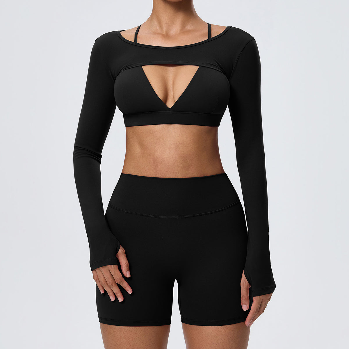 Wholesale Women’s Double-Brushed Yoga Set | Bulk Sports Bra, Sculpting Shorts & Cover-Up | fouregg - Black