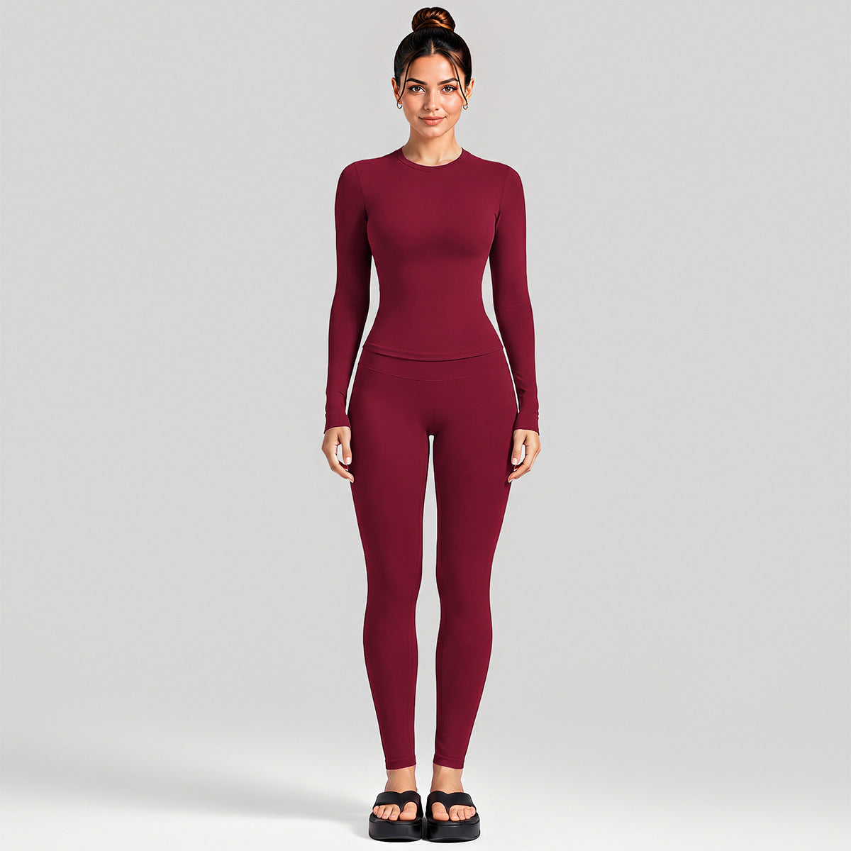 Wholesale Women’s Activewear Set | Fitted Long Sleeve Tee & Loose Straight-Leg Workout Trousers | fouregg - Long Sleeve + Leggings, Rumba Red