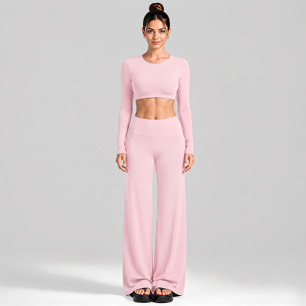 Wholesale Women’s Activewear Set | Cutout Back Long Sleeve Tee & High-Waisted Loose Pants | fouregg - Long Sleeve + Straight Pants Pink