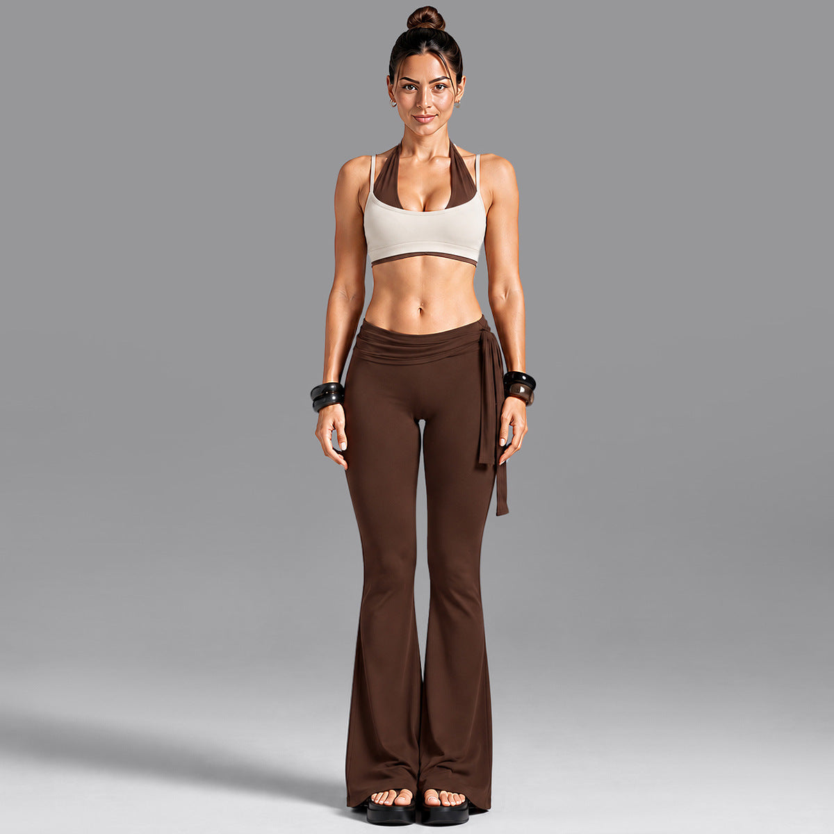 Wholesale Women’s Activewear Set | Dual-Layer Halter Sports Top & Tie-Detail Quick-Dry Workout Pants | fouregg - Underwear + Flared Pants, White Brown