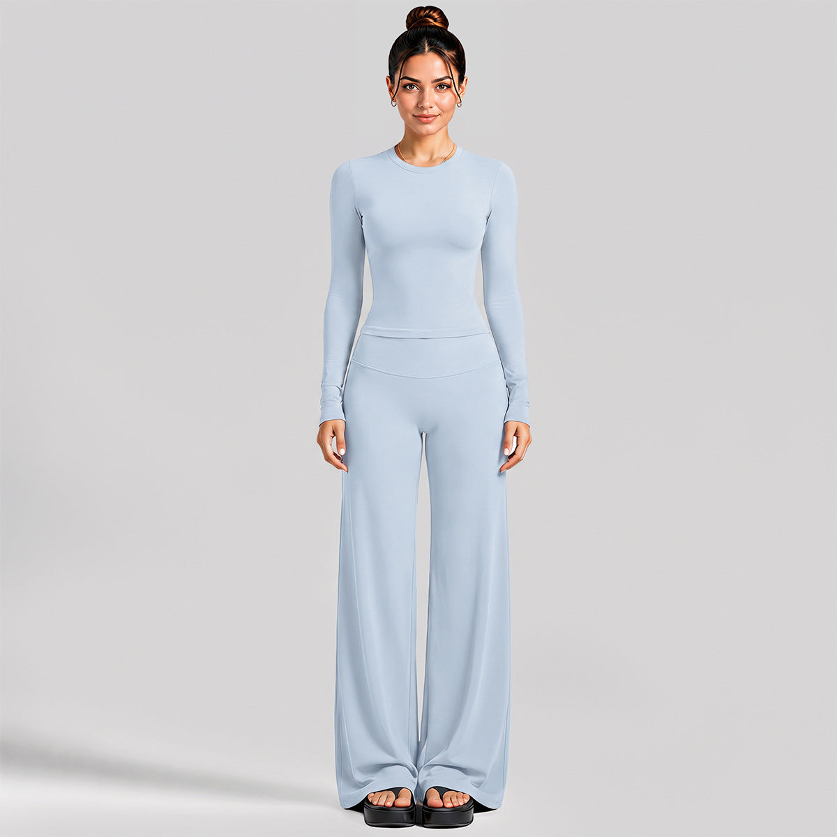 Wholesale Women’s Activewear Set | Fitted Long Sleeve Tee & Loose Straight-Leg Workout Trousers | fouregg - Long Sleeve + Straight-Leg Pants, Misty Blue