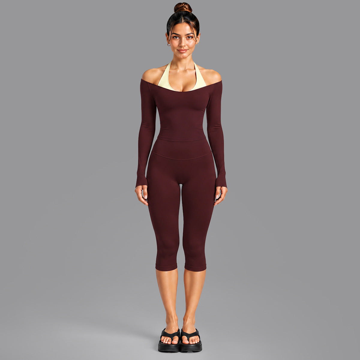 Wholesale Women’s Activewear Set | Double-Layer Halter Sports Top & Breathable Fitness Leggings | fouregg - 6278 Long Sleeve + 1554 Capri Pants Ankara Red