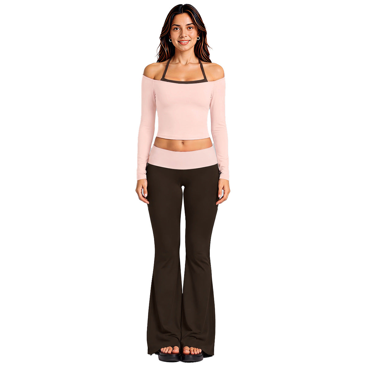 Wholesale Women’s Activewear Set | Long Sleeve Mock-Layer Halter Top & Straight-Leg Yoga Pants | fouregg