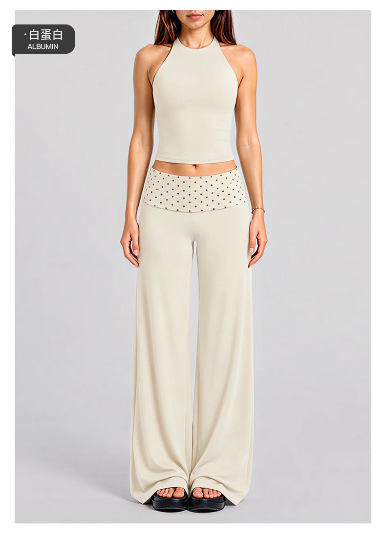 Wholesale Women’s Activewear Set | Halter Sports Top & Contrast Polka Dot Workout Pants | fouregg
