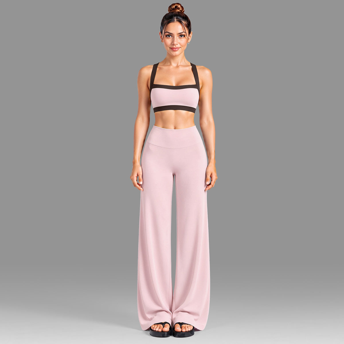 Wholesale Women’s Activewear Set | Color-Block Workout Bra & Low-Waisted Casual Fitness Pants | fouregg - Underwear + Pants Pink