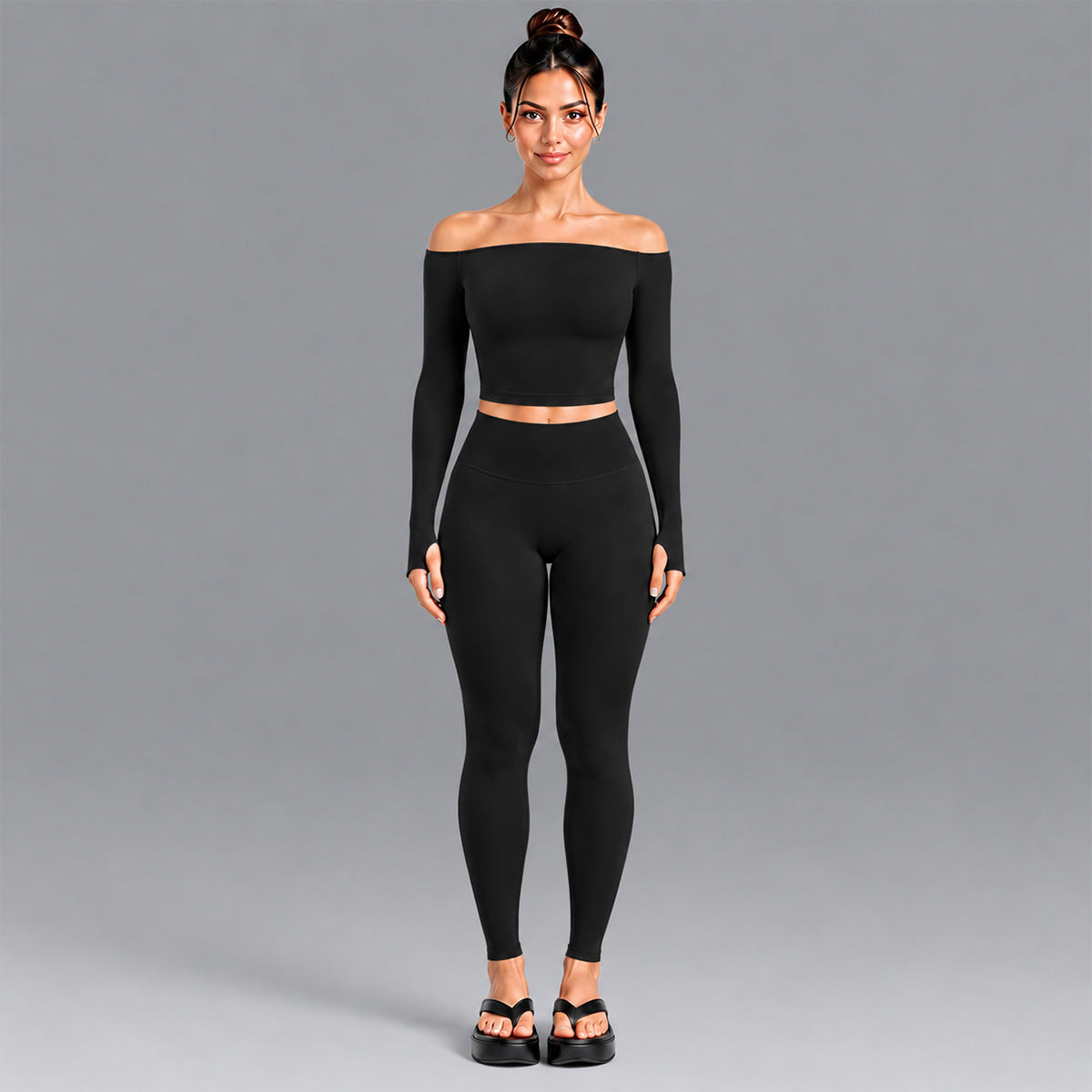 Wholesale Women’s Seamless Activewear Set | Slim-Fit Off-Shoulder Top & Peach-Lift Yoga Pants | fouregg - Long Sleeve + Pants Black