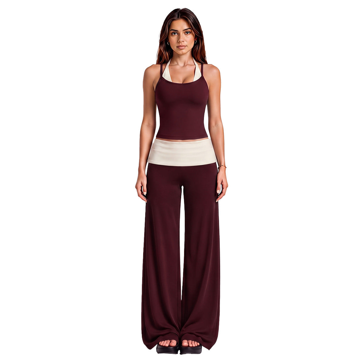 Wholesale Women’s Activewear Set | Halter Sports Top & Color-Block High-Waisted Yoga Pants | fouregg