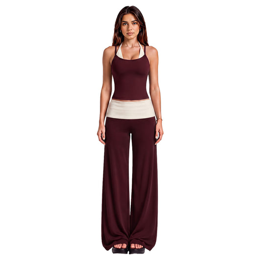 Wholesale Women’s Activewear Set | Halter Sports Top & Color-Block High-Waisted Yoga Pants | fouregg