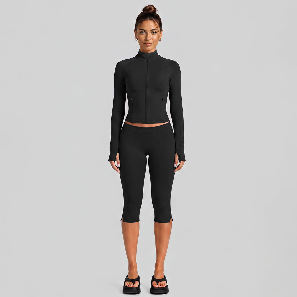 Wholesale Women’s Casual Tracksuit | Fitted Zip-Up Jacket & Versatile Outdoor Running Outfit | fouregg - Black