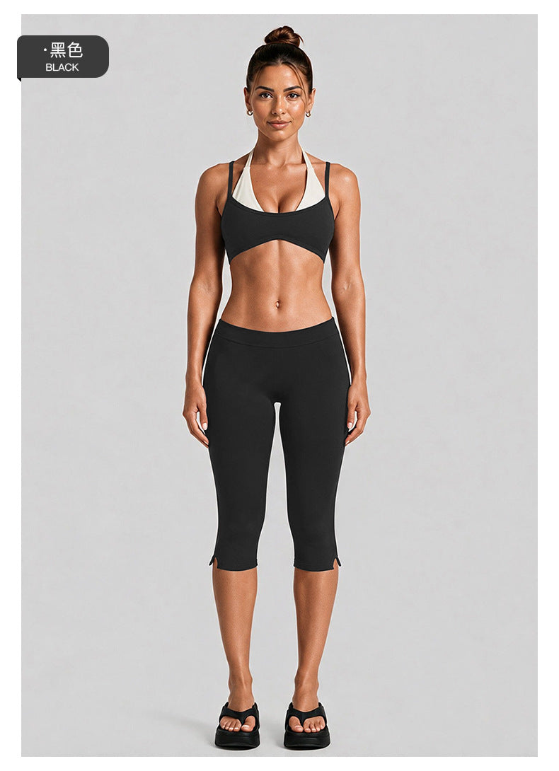 Wholesale Women’s Activewear Set | Contrast-Color Halter Bra & 3/4-Length Running Workout Pants | fouregg
