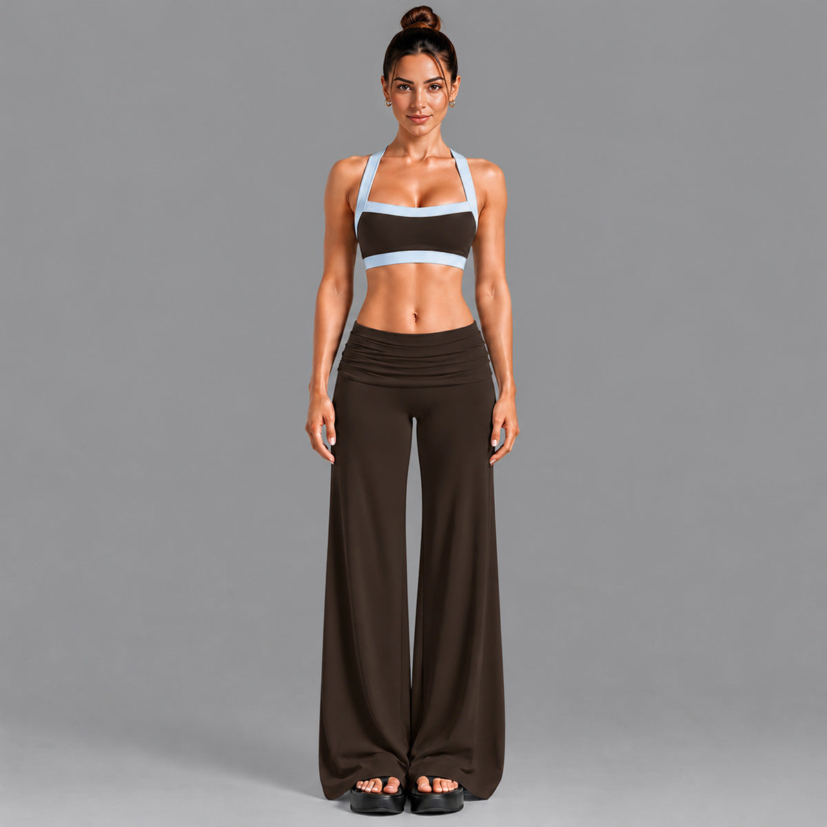 Wholesale Women’s Activewear Set | Contrast-Color Yoga Bra & Pilates Fitness Pants | fouregg - 6231 Underwear + 6090 Long Pants Root Brown