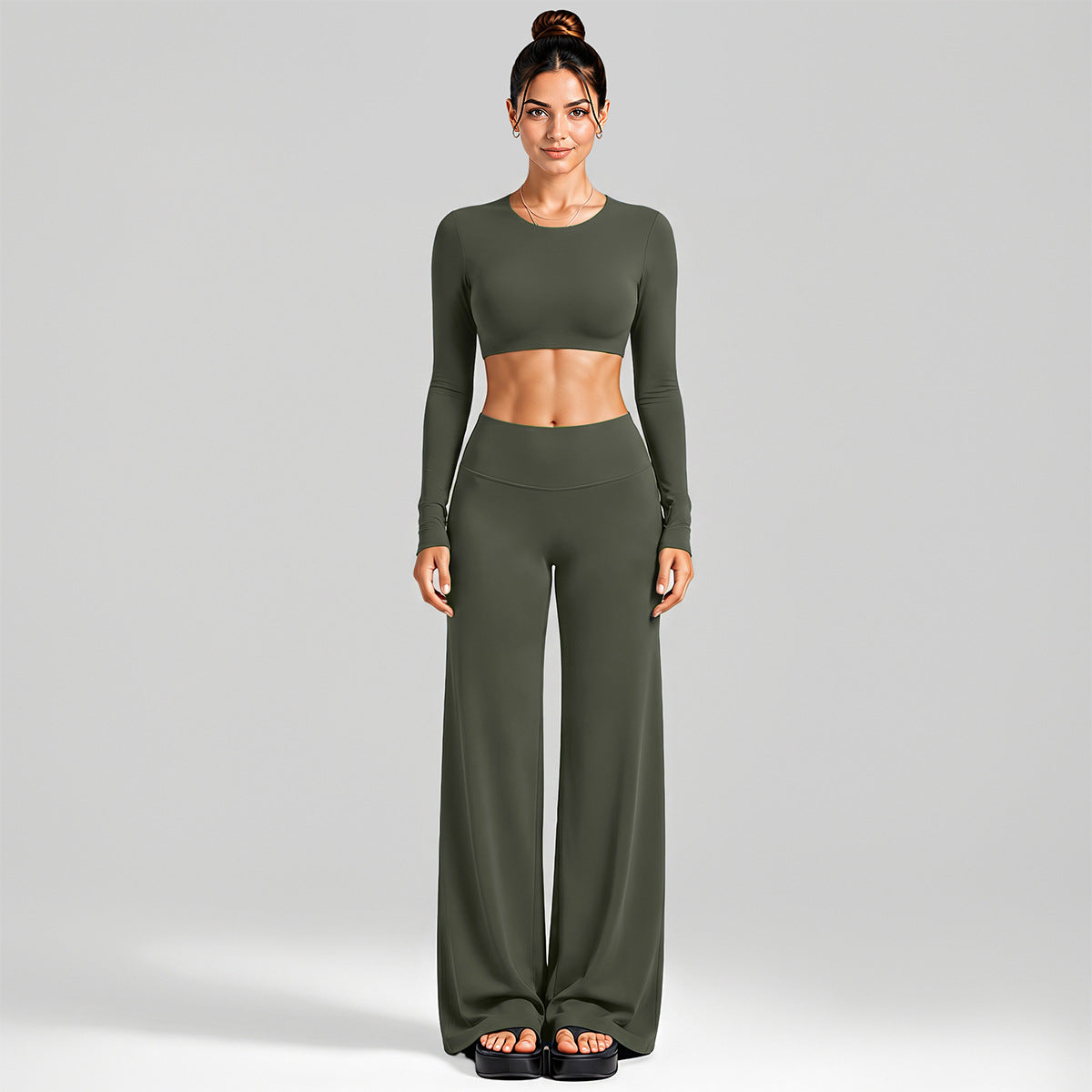 Wholesale Women’s Activewear Set | Cutout Back Long Sleeve Tee & High-Waisted Loose Pants | fouregg - Long Sleeve + Straight Pants Olive Green