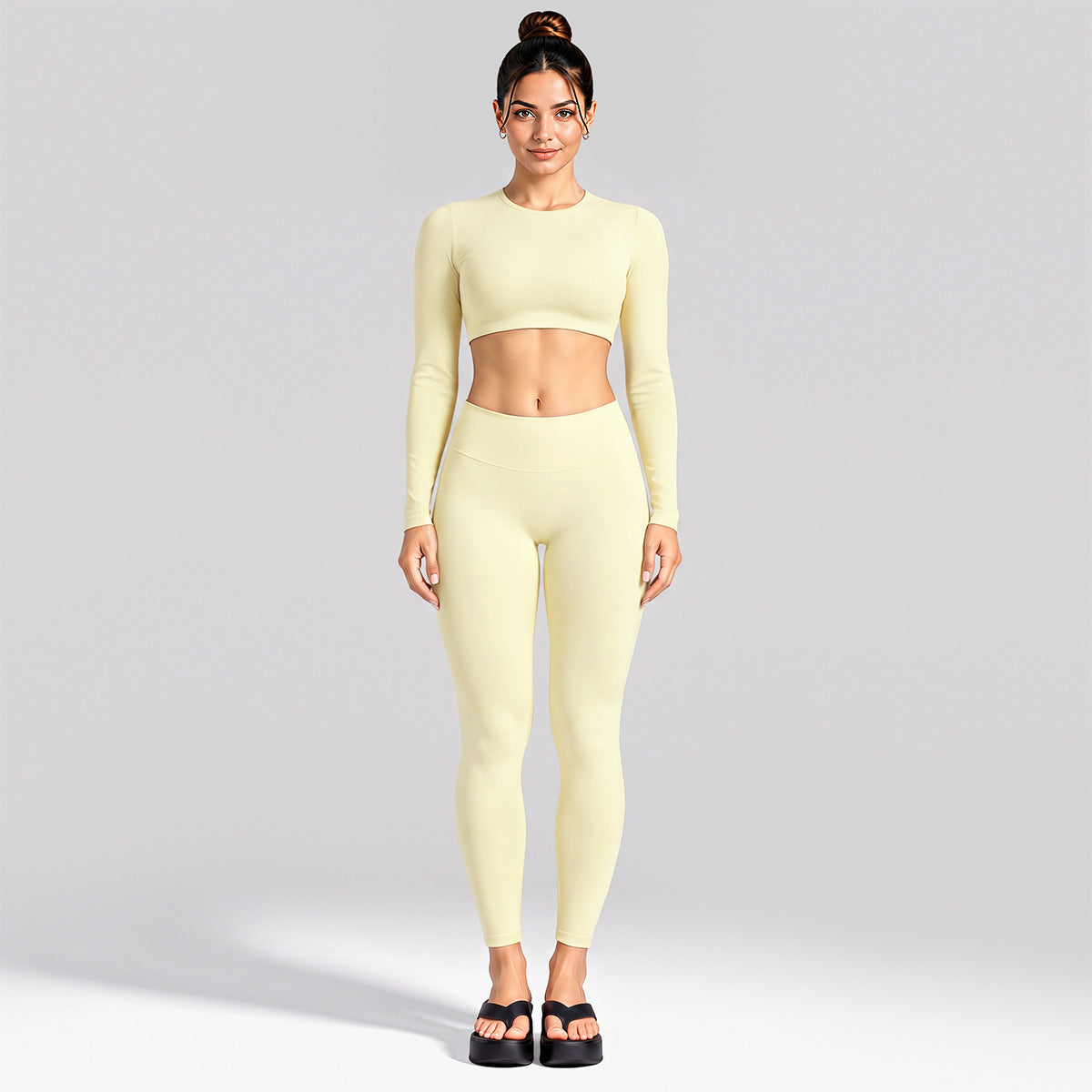 Wholesale Women’s Activewear Set | Cutout Back Long Sleeve Tee & High-Waisted Loose Pants | fouregg - Long Sleeve + Leggings Cream Yellow