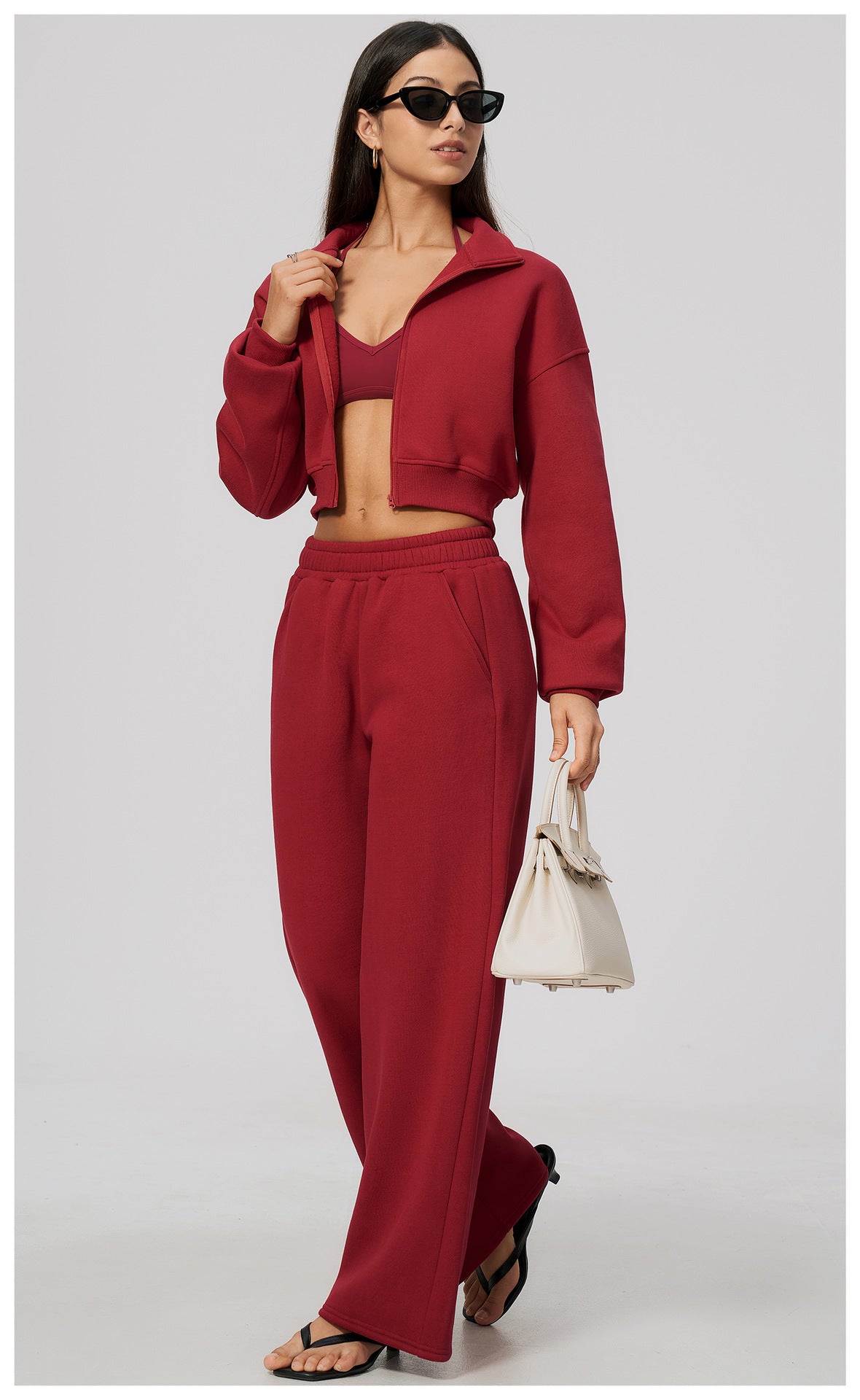 Wholesale Women’s Fleece Tracksuit | Bulk Cropped Jacket & Wide-Leg Pants 3615 | fouregg