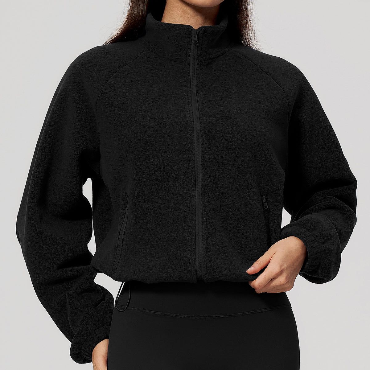 Wholesale Women’s Casual Activewear Jacket 5585 | Relaxed-Fit Warm Cropped Zip-Up | fouregg - Premium Black
