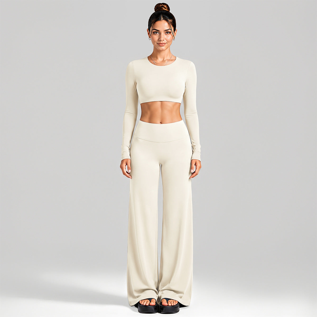 Wholesale Women’s Activewear Set | Cutout Back Long Sleeve Tee & High-Waisted Loose Pants | fouregg - Long Sleeve + Straight Pants Egg White