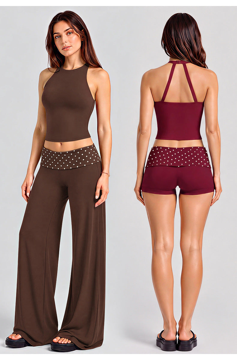 Wholesale Women’s Activewear Set | Halter Sports Top & Contrast Polka Dot Workout Pants | fouregg