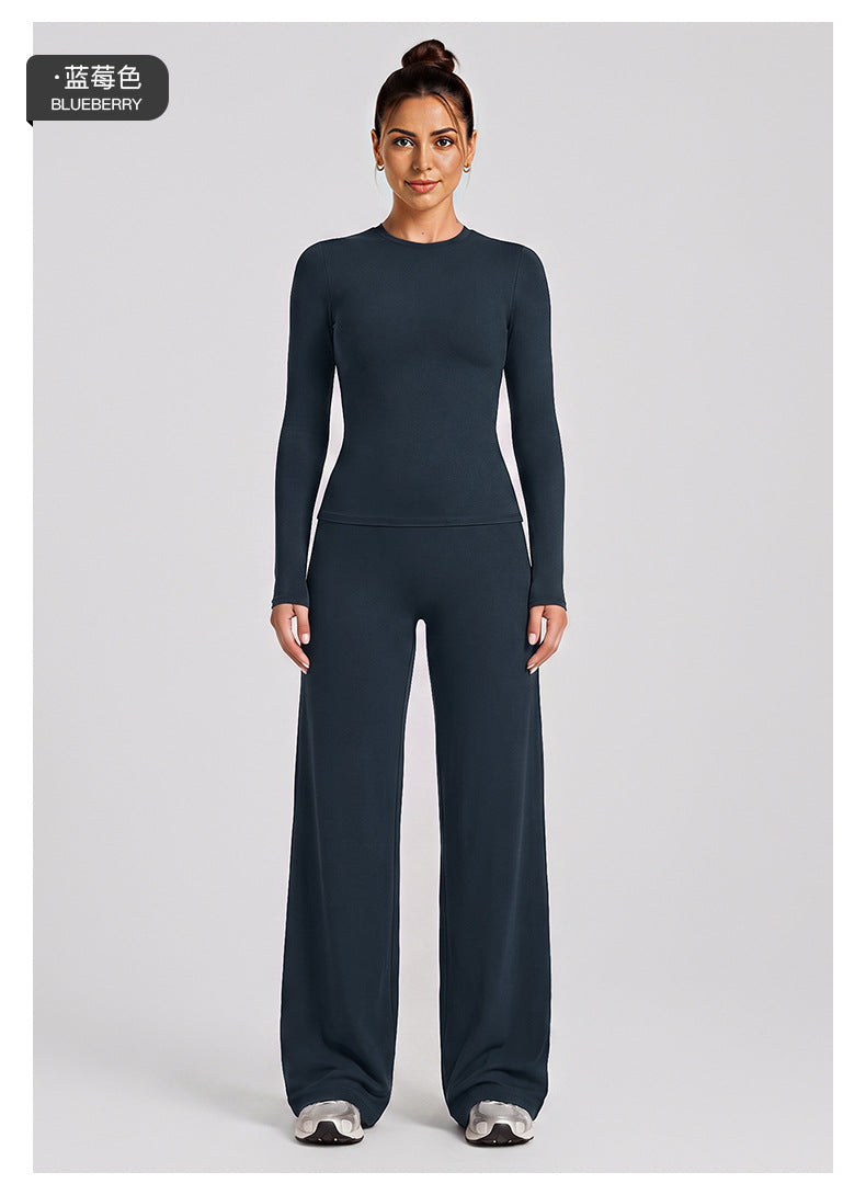 Wholesale Women’s Activewear Set | Slim-Fit Long Sleeve Tee & High-Waisted Loose Workout Pants | fouregg