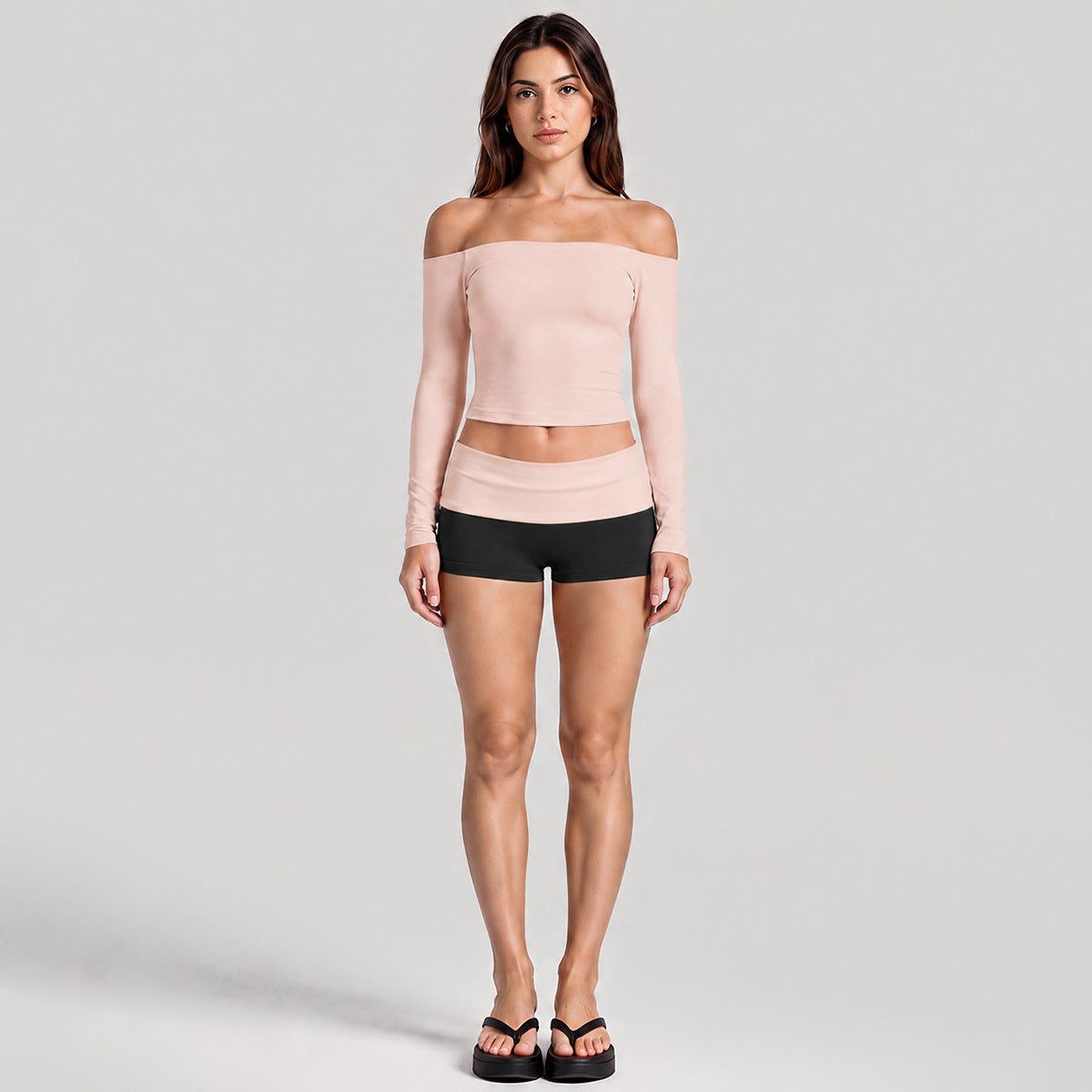 Wholesale Women’s Activewear Set | One-Shoulder Long Sleeve Top & High-Waisted Casual Yoga Pants | fouregg - Long Sleeve + Shorts, Gray Pink