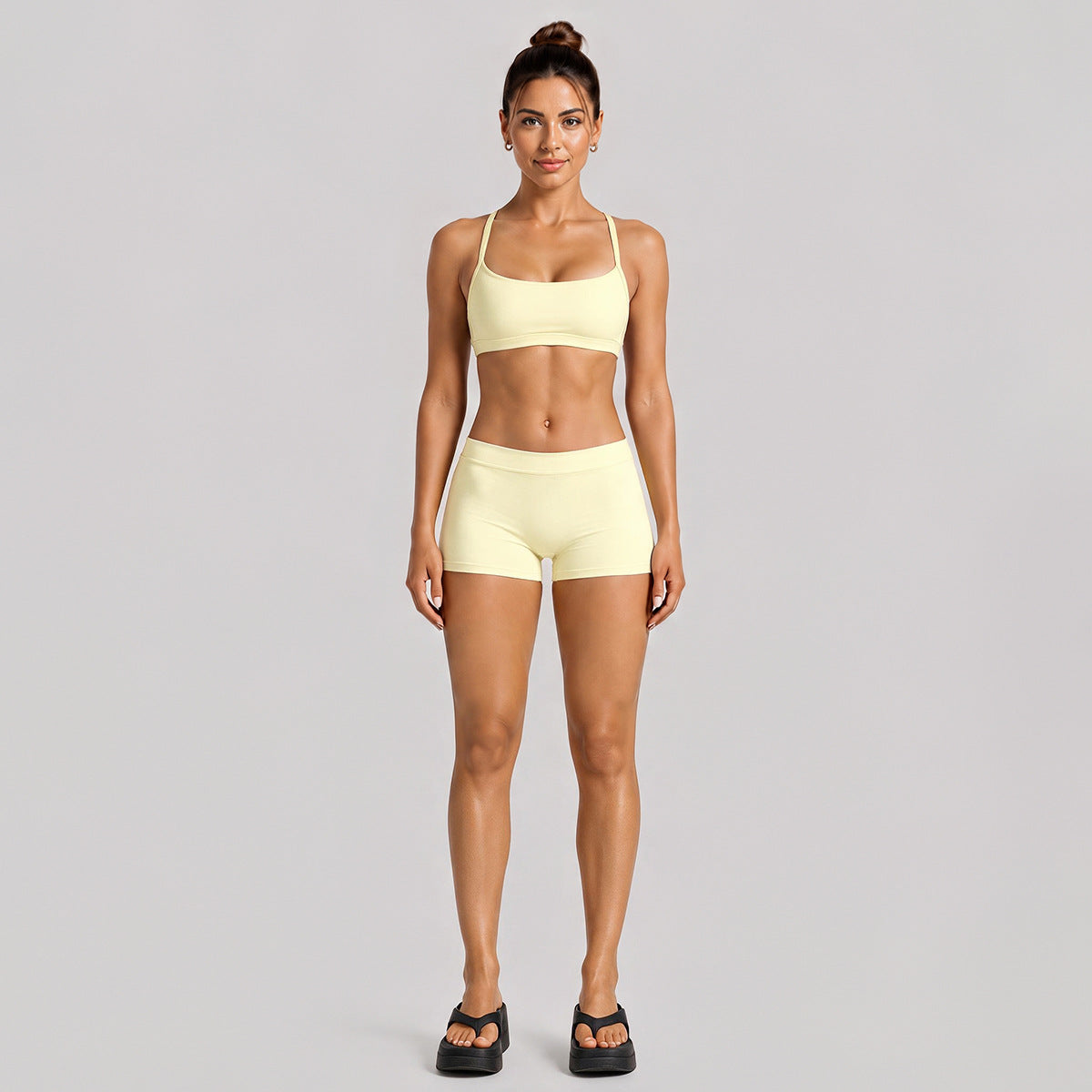 Wholesale Women’s Activewear Set | Quick-Dry Halter Bra & Low-Waist Cycling Shorts | fouregg - Shorts Set, Cream Yellow