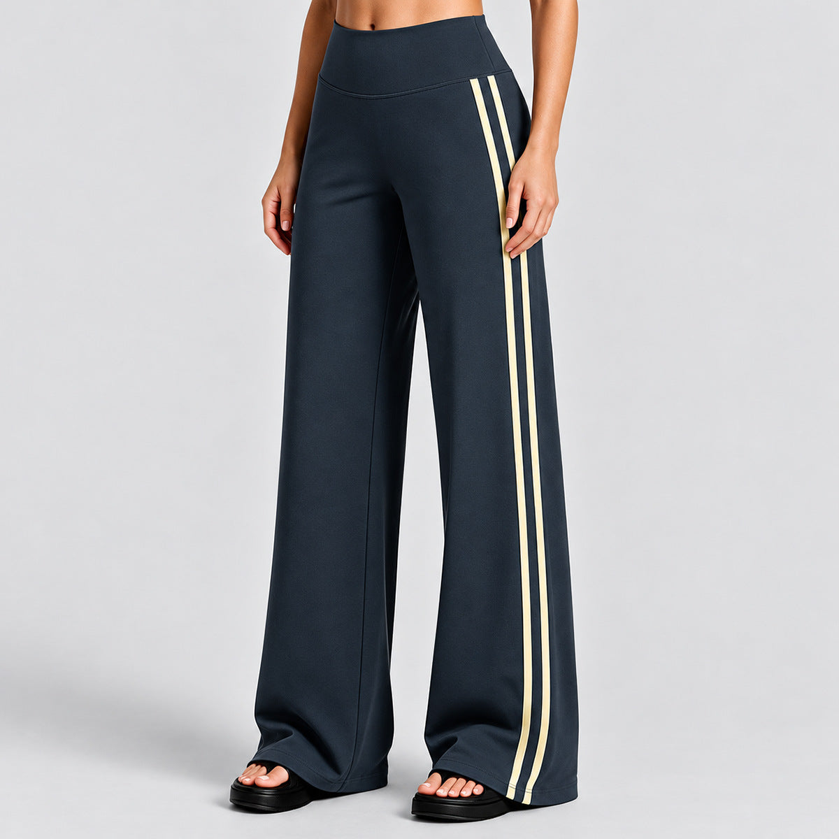Wholesale Women’s Quick-Dry Yoga Set | Backless Halter Sports Top & Relaxed Straight-Leg Trousers | fouregg - Pants, blueberry with cream yellow trim