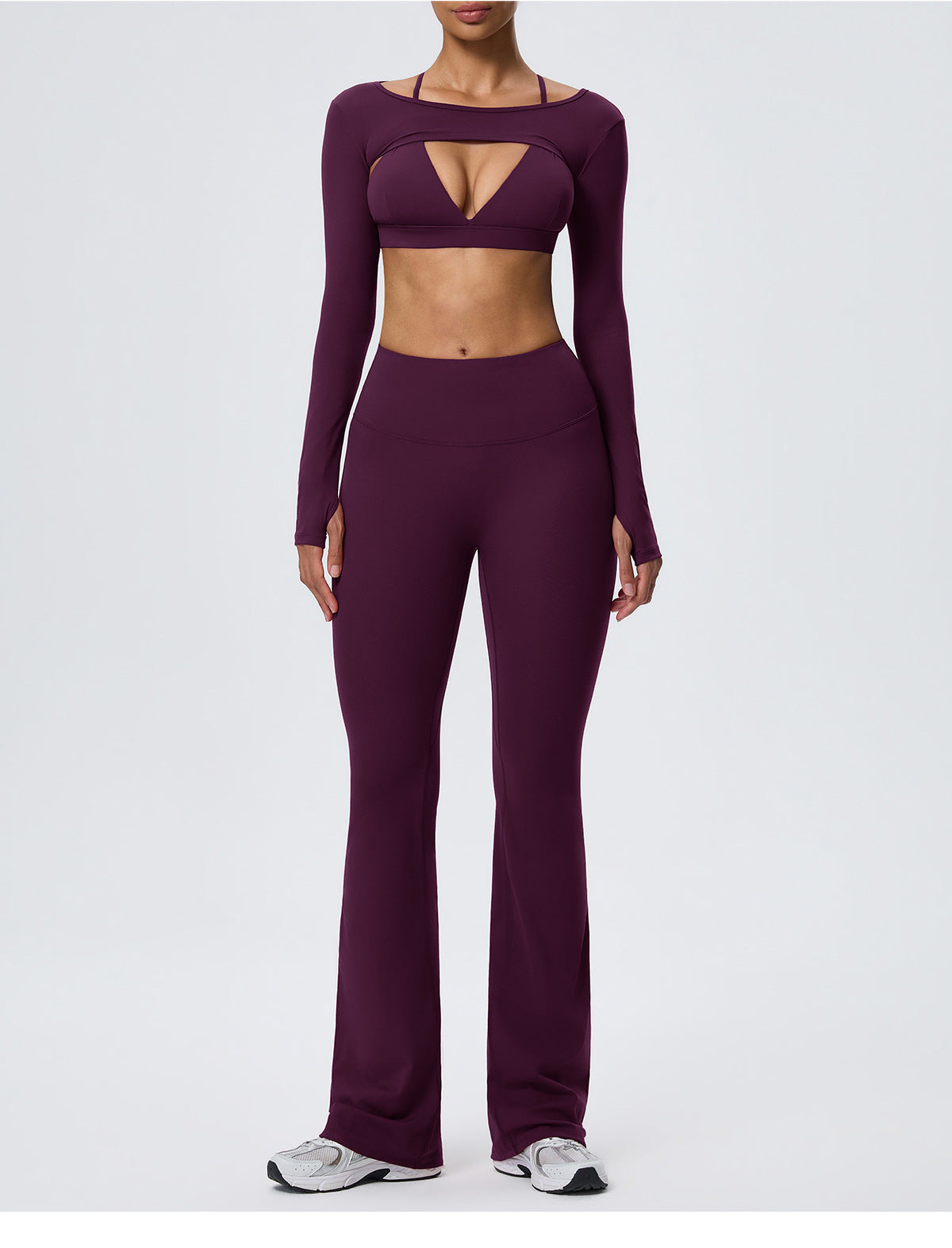 Wholesale Nude-Feel Activewear Set | Double-Brushed Bra, Butt-Lift Flare Pants & Cover-Up | fouregg