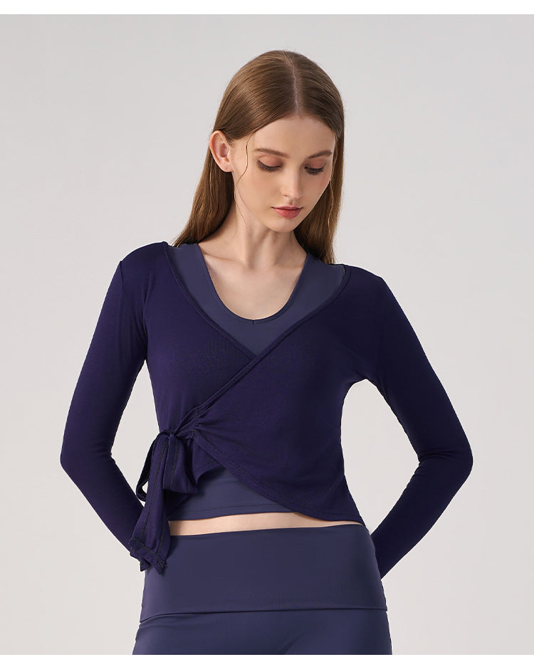 Wholesale Women’s Wrap Yoga Top | Thin Long-Sleeve Crossover Cardigan for Pilates & Activewear | fouregg