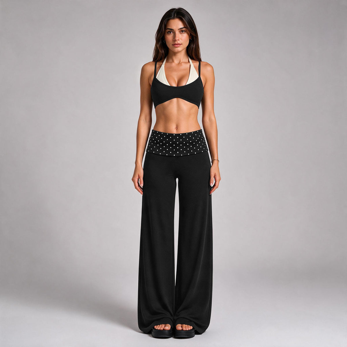 Wholesale Women’s Polka Dot Activewear Set | Backless Yoga Tank & Contrast-Trim Workout Trousers | fouregg - Pants + underwear, black