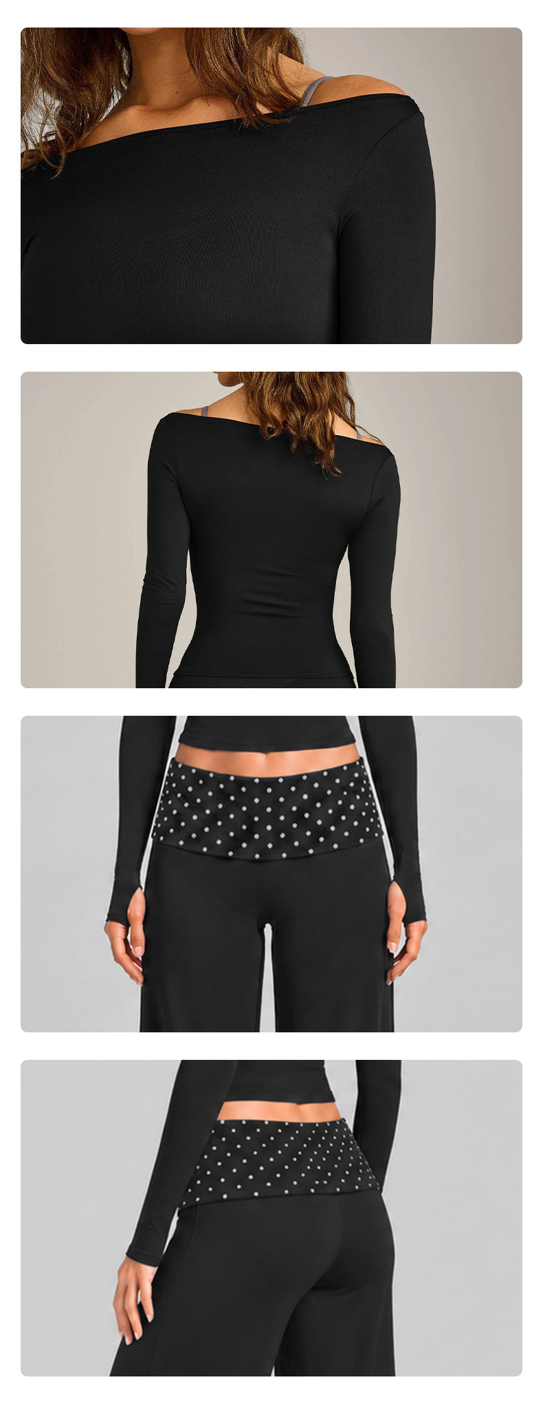 Wholesale Women’s Activewear Set | Slim-Fit Off-Shoulder Tee & Contrast Polka Dot Straight-Leg Pants | fouregg