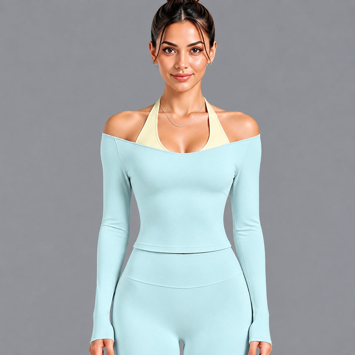 Wholesale Women’s Activewear Set | Double-Layer Halter Sports Top & Breathable Fitness Leggings | fouregg - 6278 Long Sleeve Light Blue