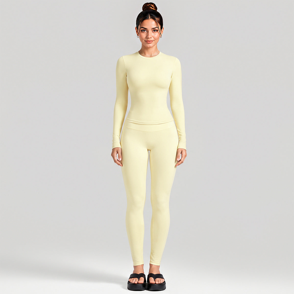 Wholesale Women’s Activewear Set | Fitted Long Sleeve Tee & Loose Straight-Leg Workout Trousers | fouregg - Long Sleeve + Leggings, Cream Yellow