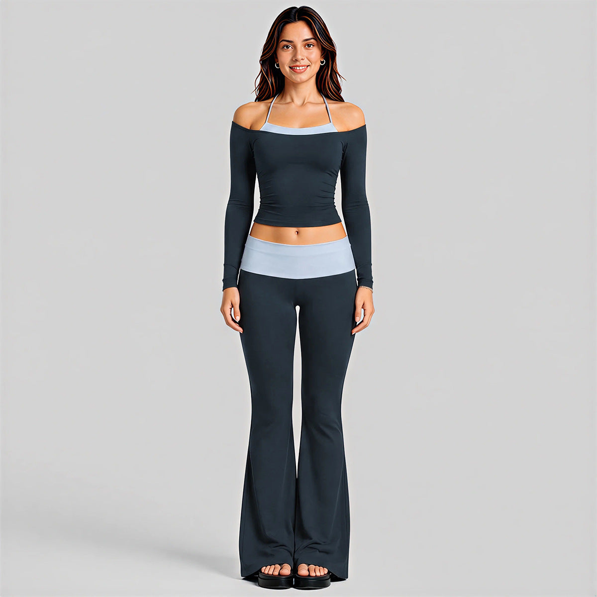 Wholesale Women’s Activewear Set | Long Sleeve Mock-Layer Halter Top & Straight-Leg Yoga Pants | fouregg - Long Sleeve and Flared Pants Blueberry with Misty Blue