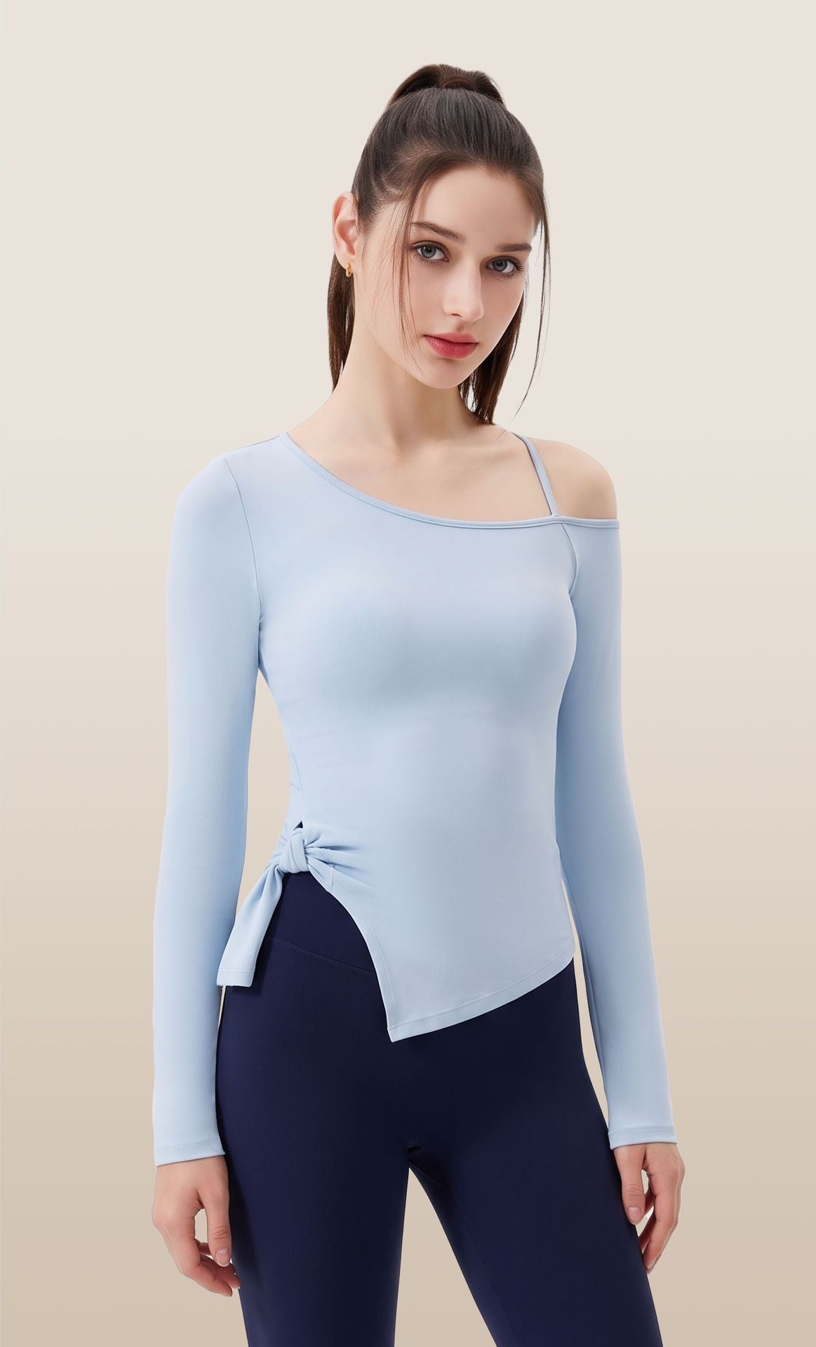 Wholesale Women’s Bow-Detail Workout Top | Split-Hem Off-Shoulder Running & Yoga Activewear | fouregg