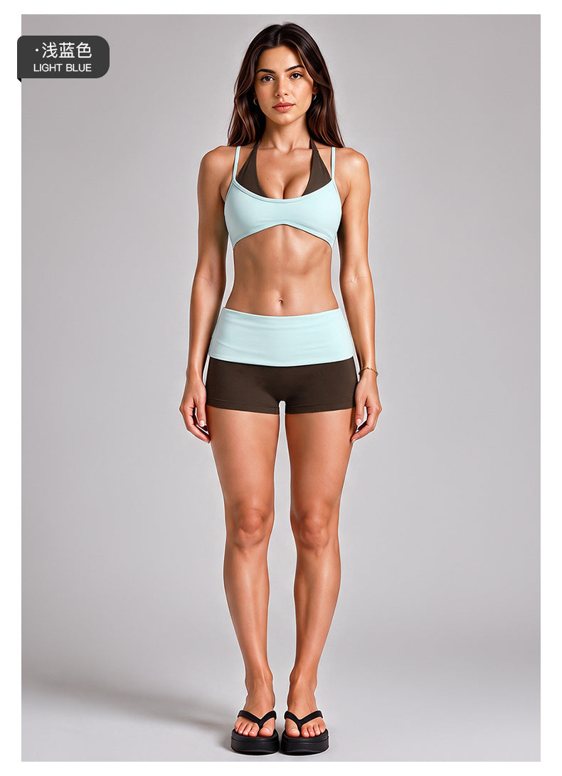 Wholesale Women’s Activewear Set | Backless Halter Bra & Color-Block High-Waisted Yoga Pants | fouregg