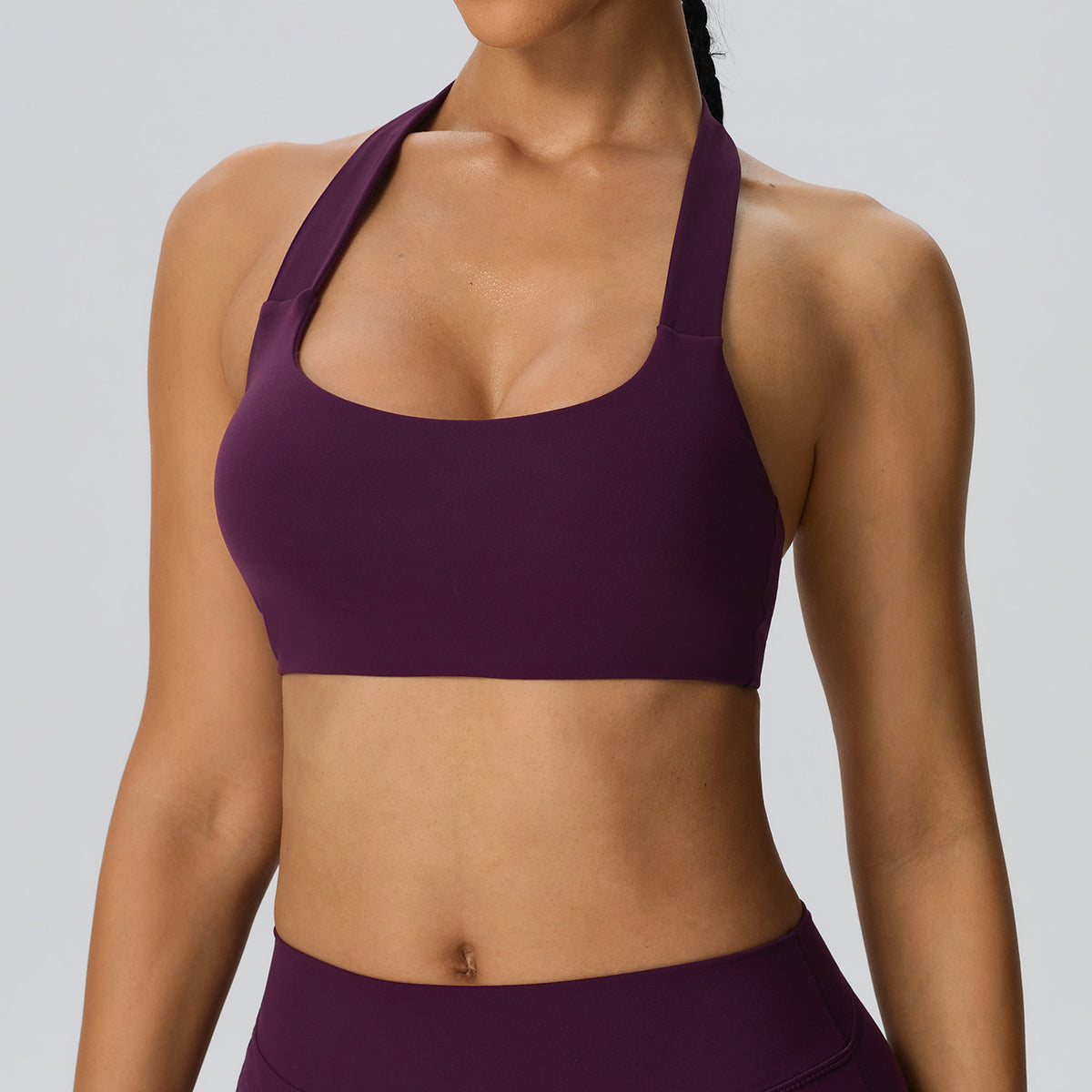 Wholesale Women’s Double-Brushed Sports Bra | Bulk Open-Back Halter Fitness Top 62768 | fouregg - Plum Purple