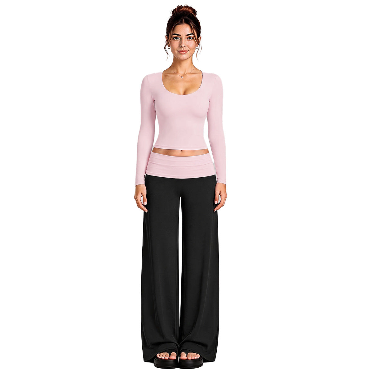 Wholesale Women’s Activewear Set | Color-Block Long Sleeve Tee & High-Waisted Training Pants | fouregg