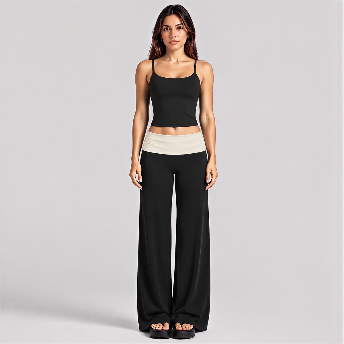Wholesale Women’s Activewear Set | Backless Sports Tank & Color-Block High-Waisted Yoga Leggings | fouregg - Tank Top + Long Pants, Black